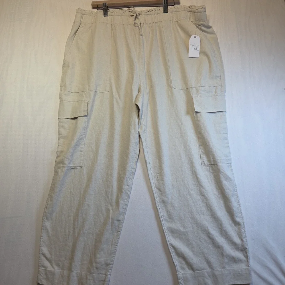 Time and Tru Women's Linen Blend Cargo Pants Beige Drawstring Pull On XXXL 22 NW